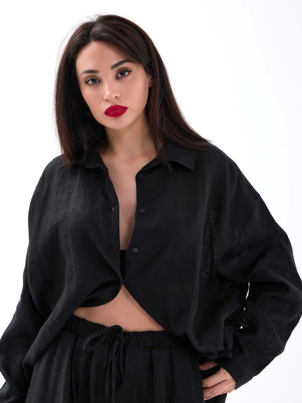 Black Linen Shirt and Wide-Leg Trouser Set - Fame - by Peralane - photo 5