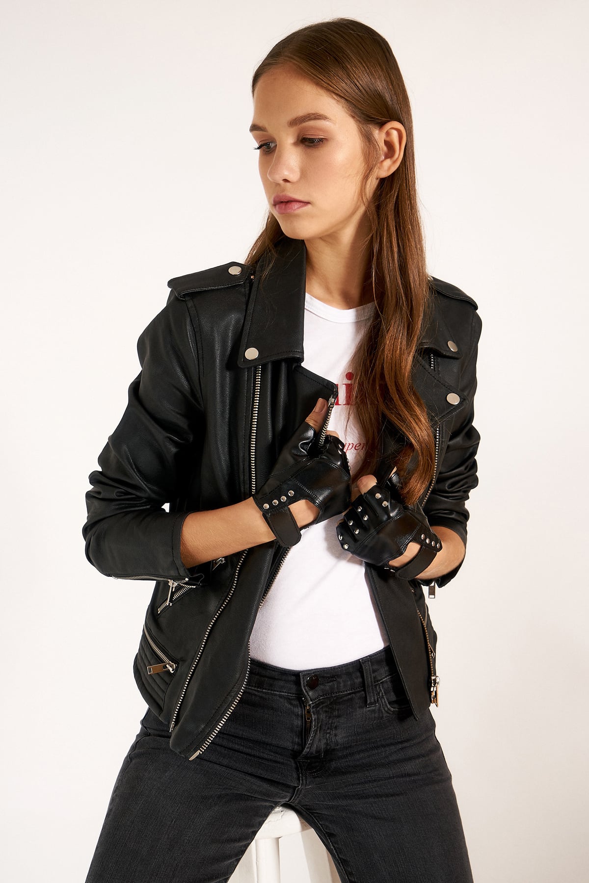 Women's Black Faux Leather Moto Jacket with Stud Embellishments - Nesvay - by Peralane - photo 2