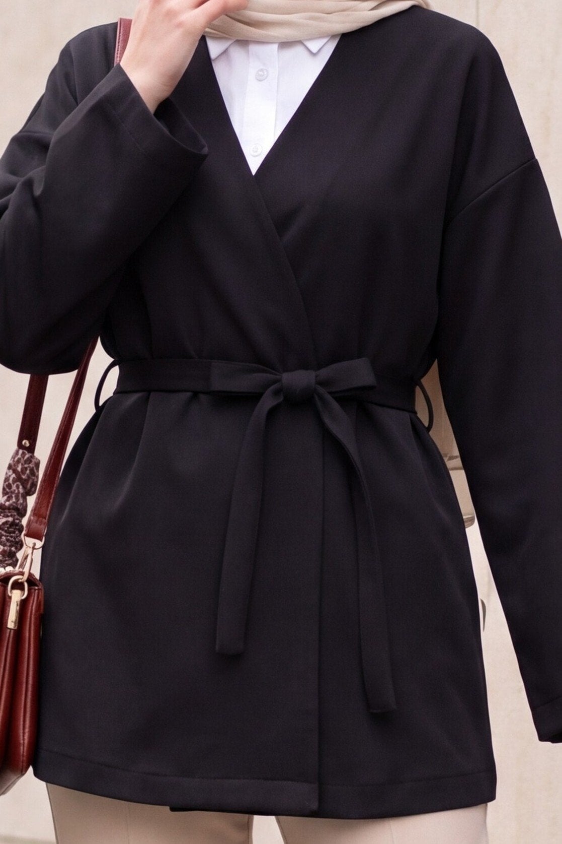 Black Belted V-Neck Scuba Kimono for Women - Podyumplus - by Peralane - photo 6