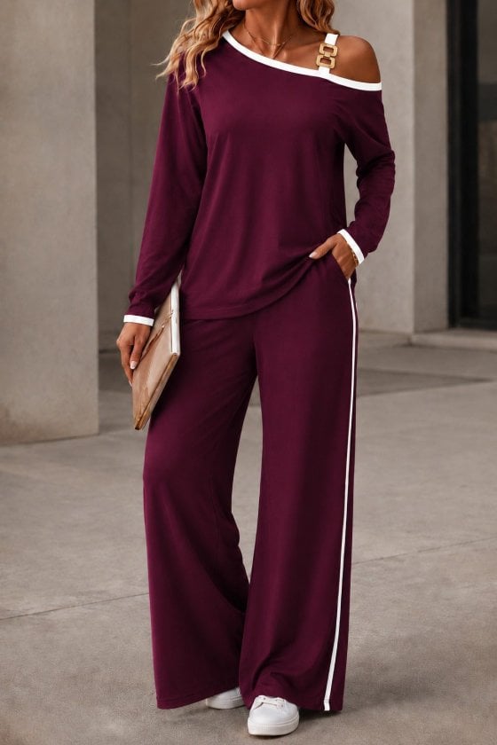 Women's Burgundy Off-Shoulder Knit Top and Wide-Leg Trousers Two-Piece Set - Janes - by Peralane