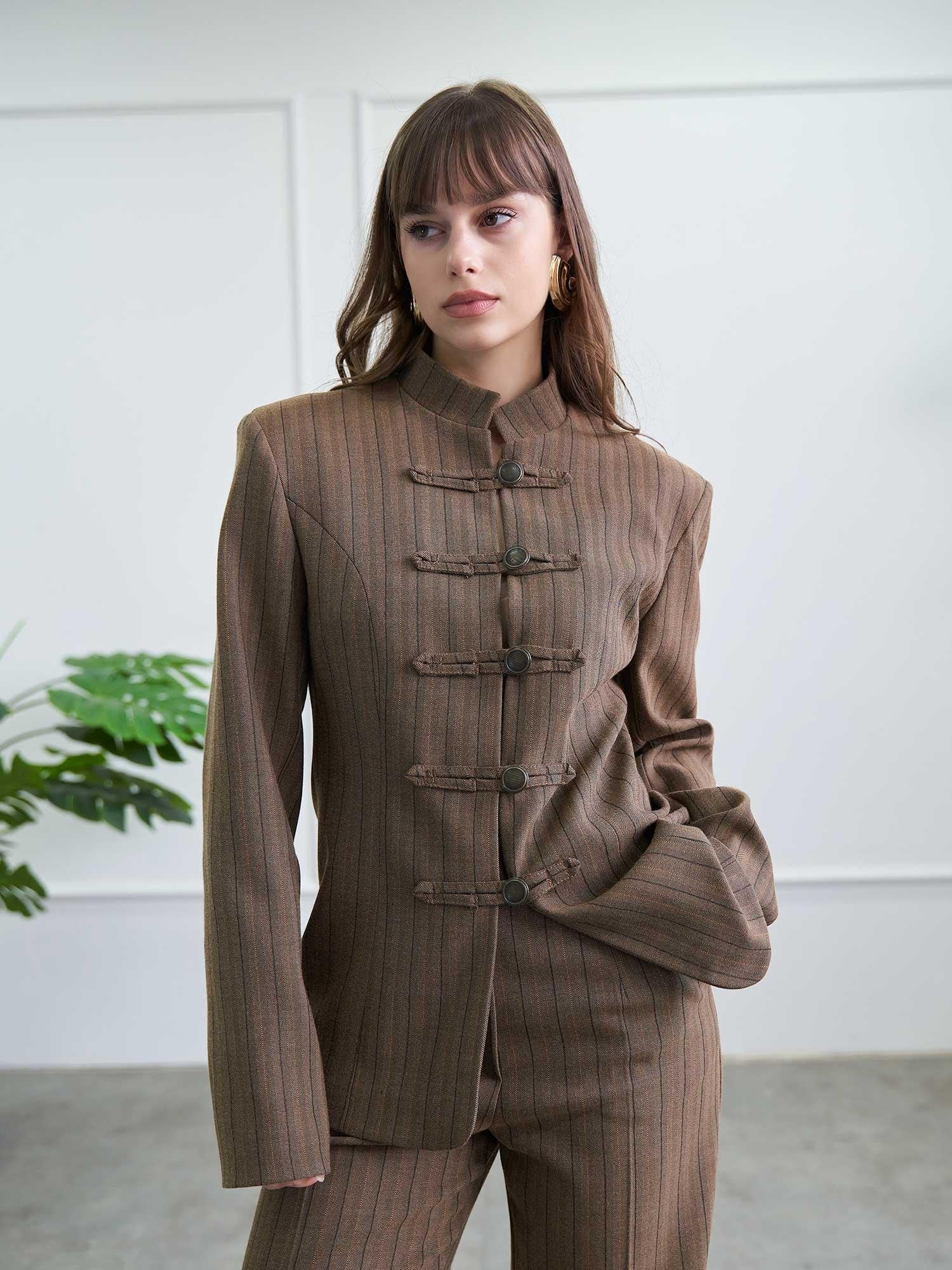 Brown Mandarin Collar Jacket and Wide-Leg Trousers Co-ord Set - Lefon - by Peralane - photo 5