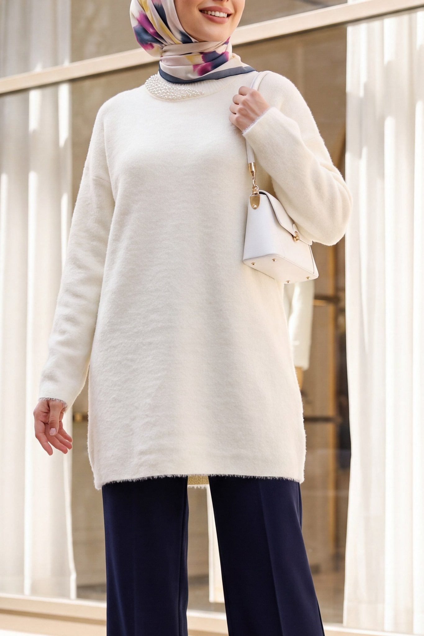 Crew Neck Pearl Detail Fuzzy Knit Tunic - White - Podyumplus - by Peralane