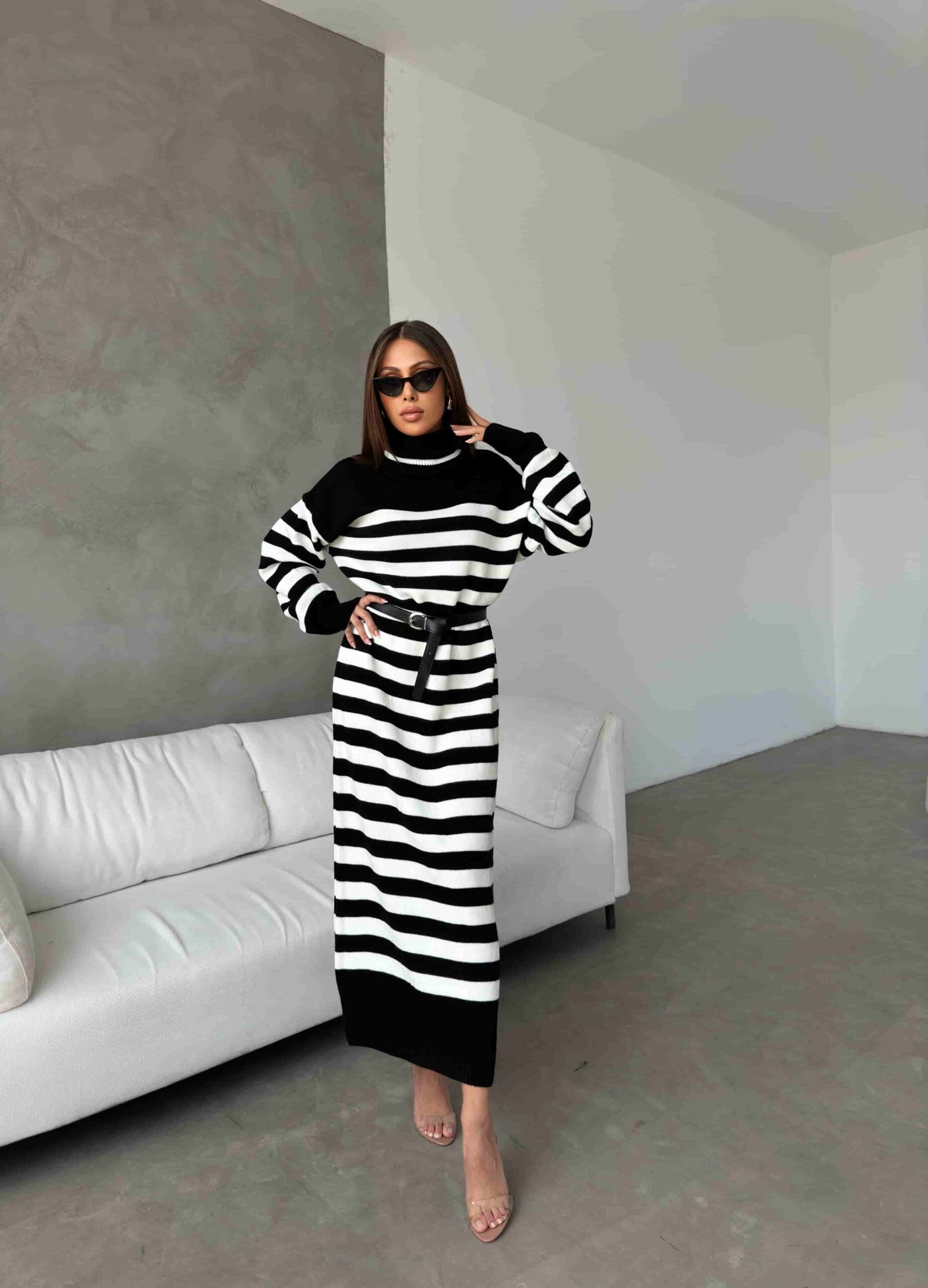 Black and White Striped Ribbed Knit Midi Dress - My Bee - by Peralane
