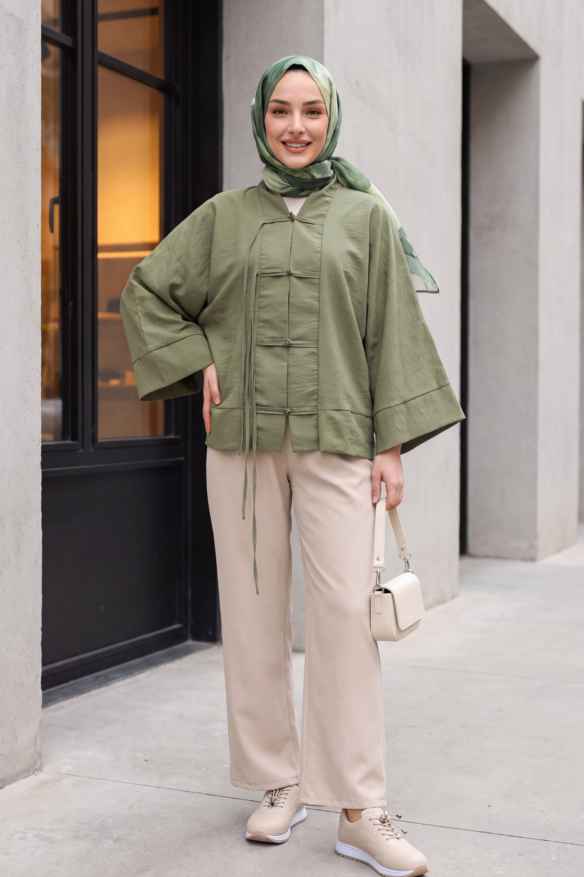 Chinese Knot Closure Mandarin Collar Parachute Kimono - Olive Green - Podyumplus - by Peralane - photo 9
