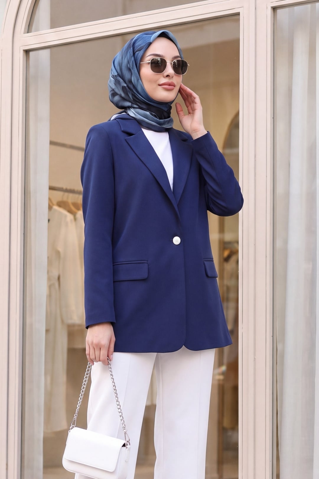 Navy Blue Single-Button Pocket Jacket for Women - Podyumplus - by Peralane