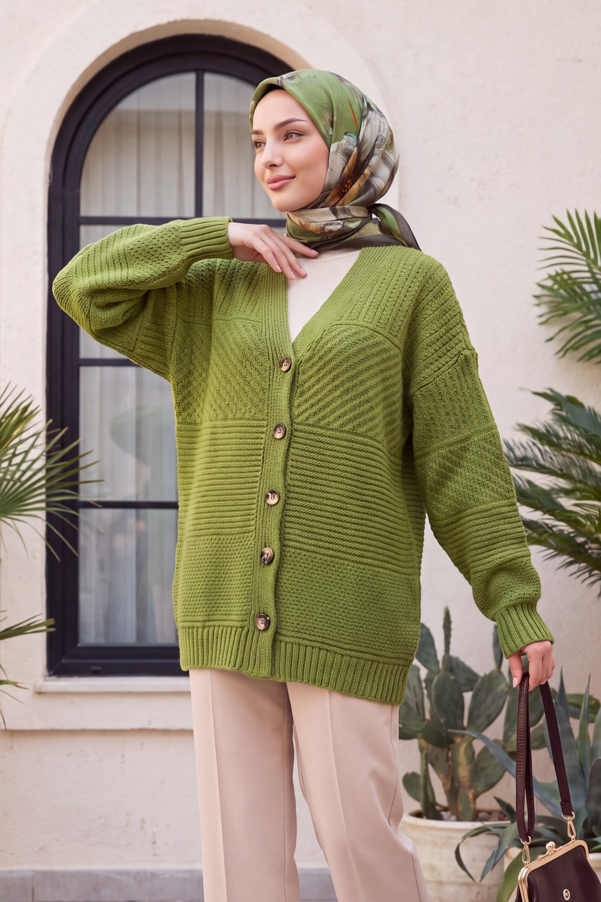 V-Neck Button-Front Relaxed Knit Cardigan - Pistachio Green - Podyumplus - by Peralane