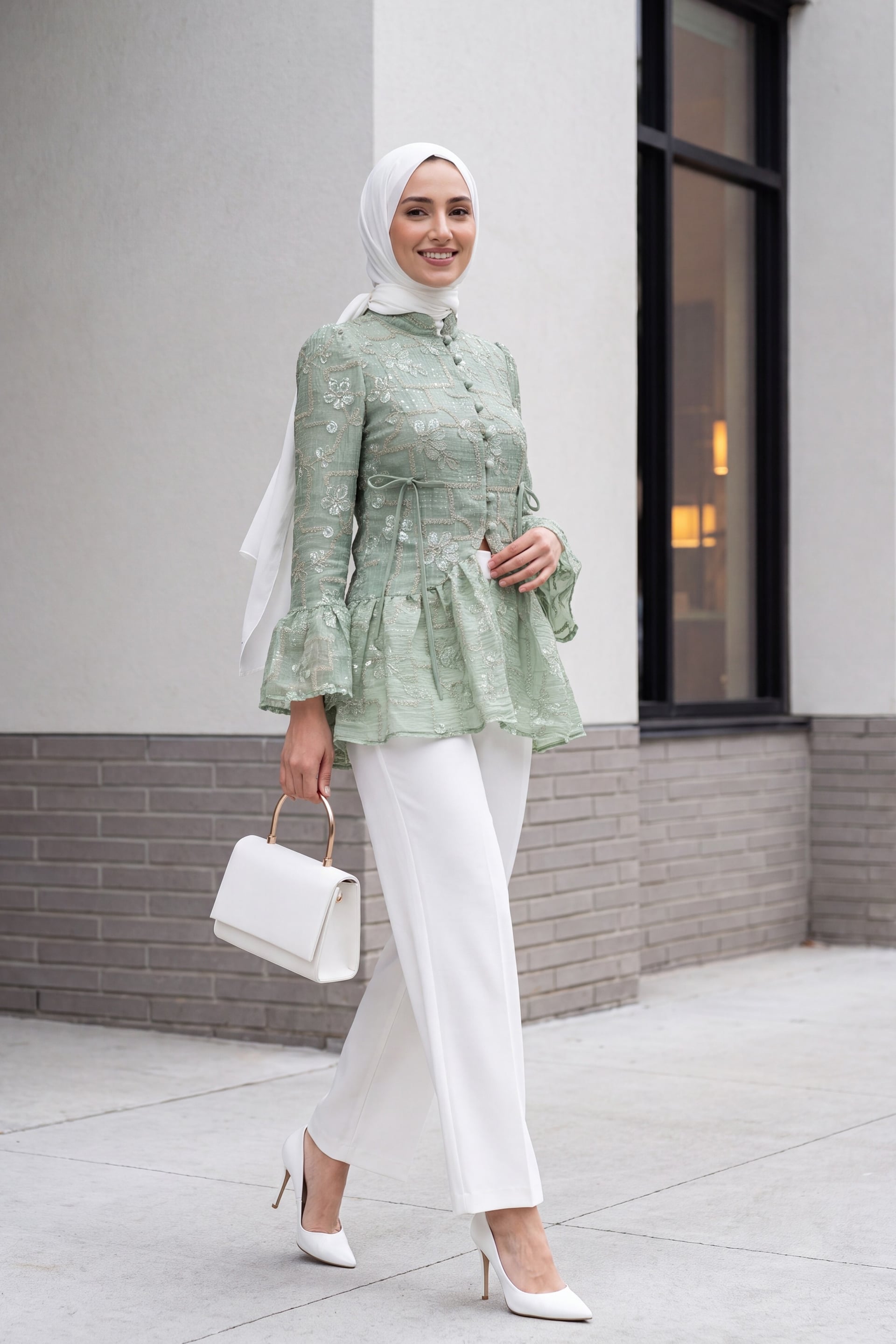 Sage Green Mandarin Collar Embroidered Tunic with Ruffle Cuffs - Podyumplus - by Peralane - photo 5