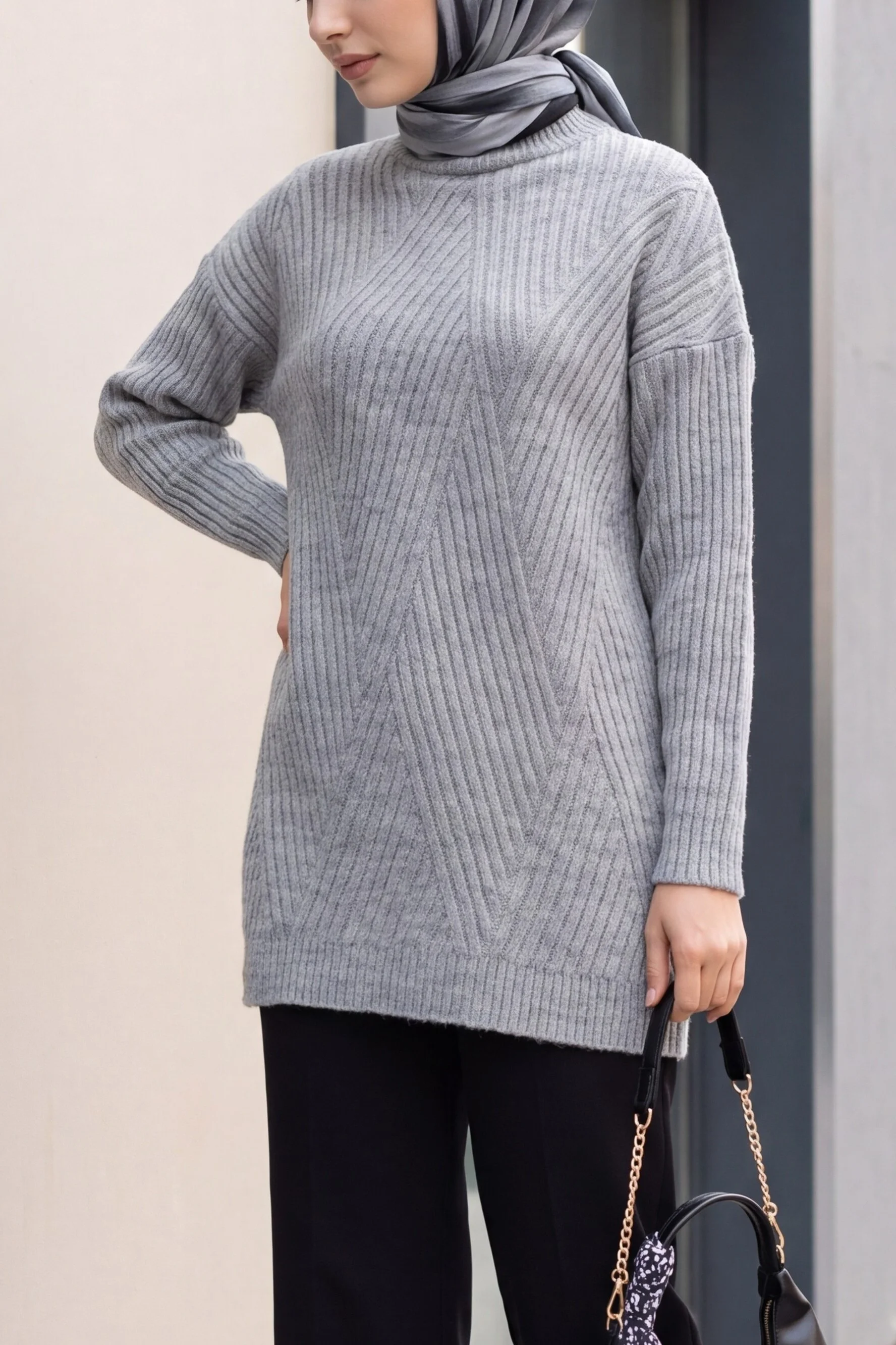Diamond Pattern Knit Tunic - Grey - Podyumplus - by Peralane