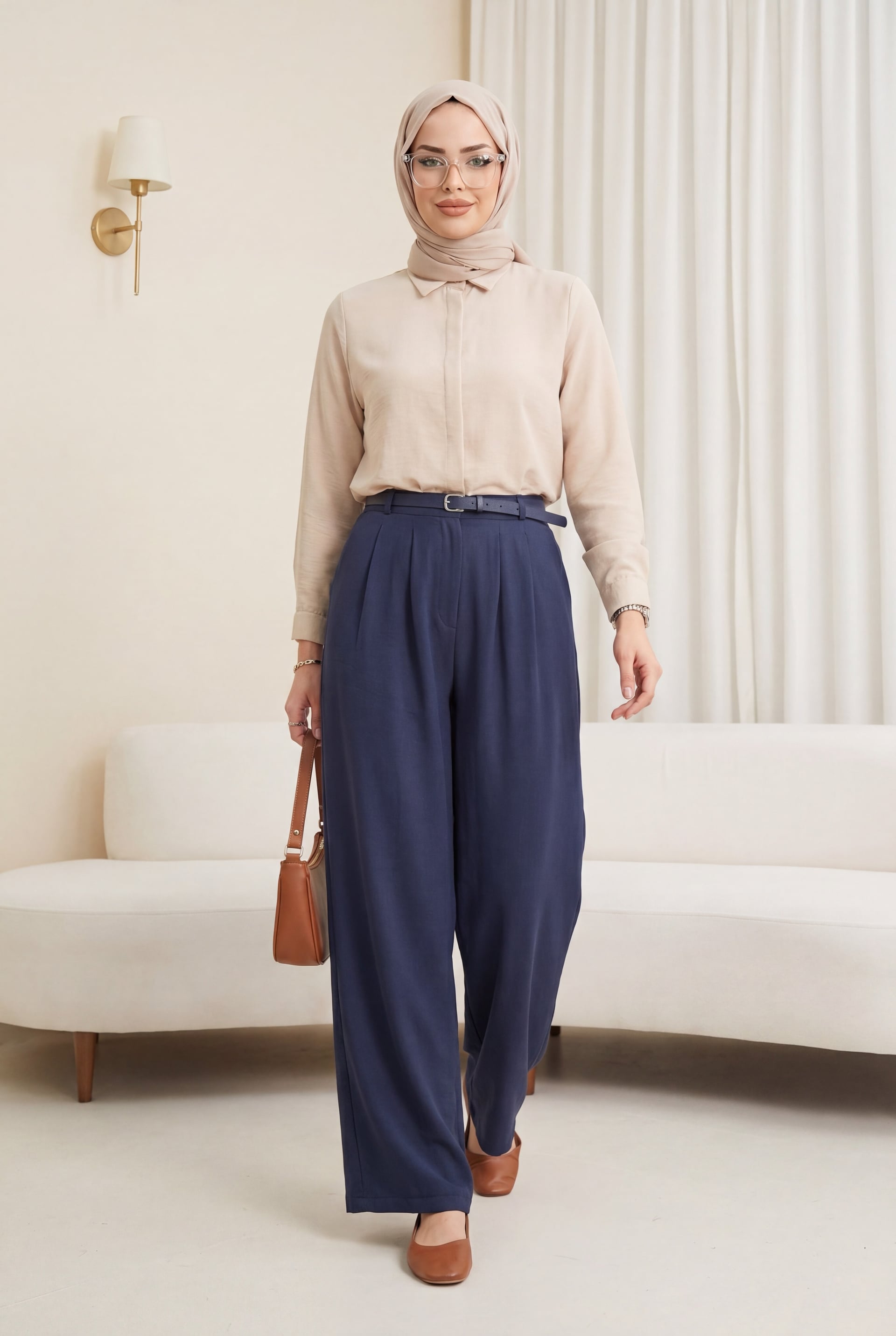 Women's Elastic Waistband Trousers with Belt Detail - Navy - Podyumplus - by Peralane - photo 5