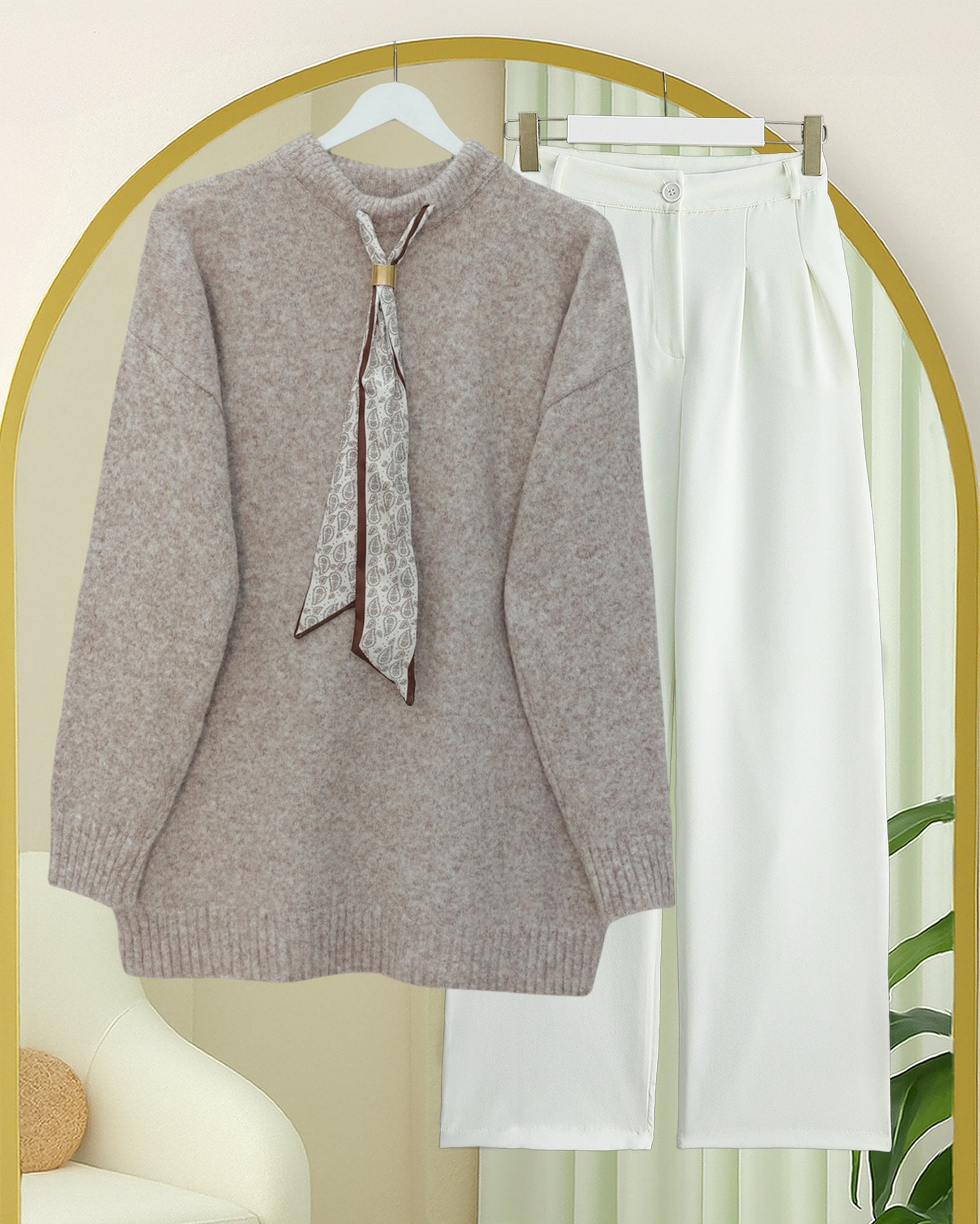 Scarf Detail Soft Knit Sweater - Light Beige - Podyumplus - by Peralane - photo 3