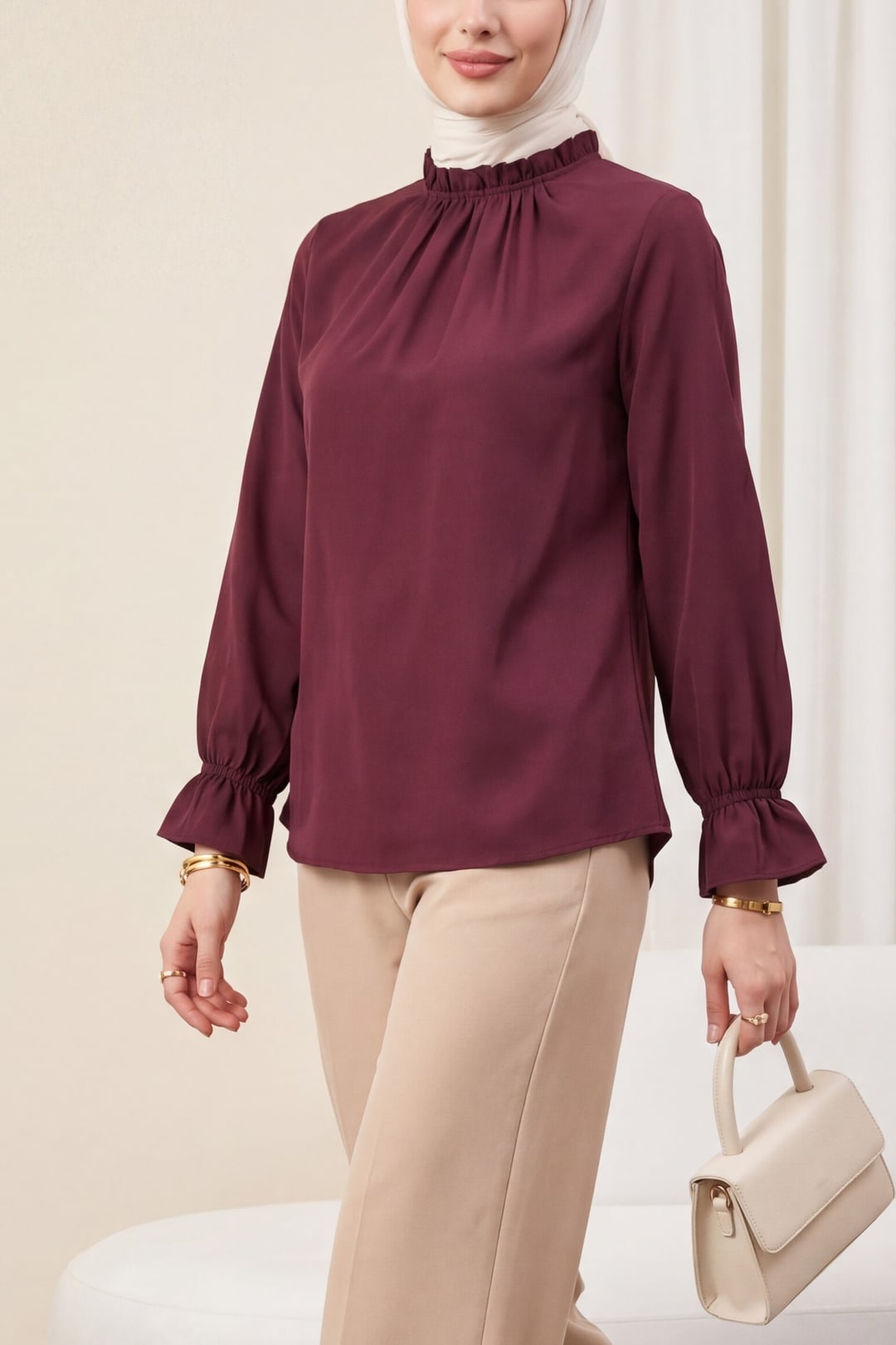 Ruffled Neck Poplin Blouse - Burgundy - Podyumplus - by Peralane - photo 5