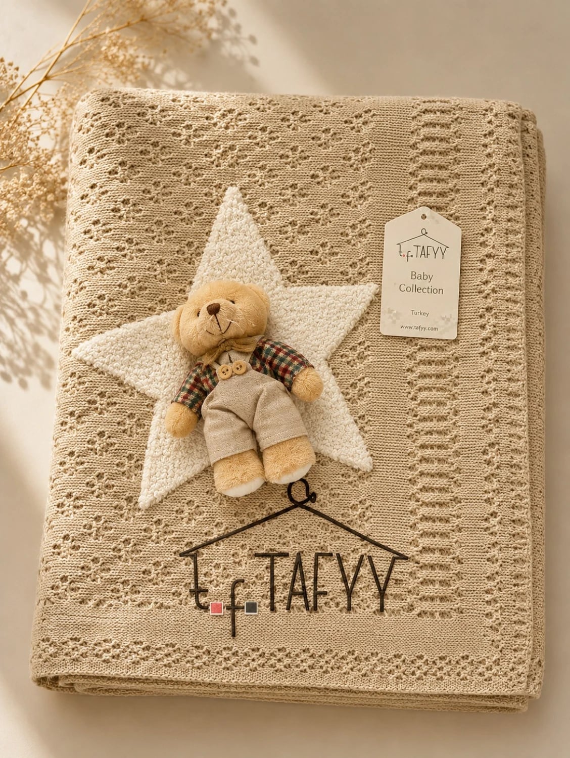 Knit Baby Blanket with Star Motif and Teddy Bear - Has Bereket - by Peralane