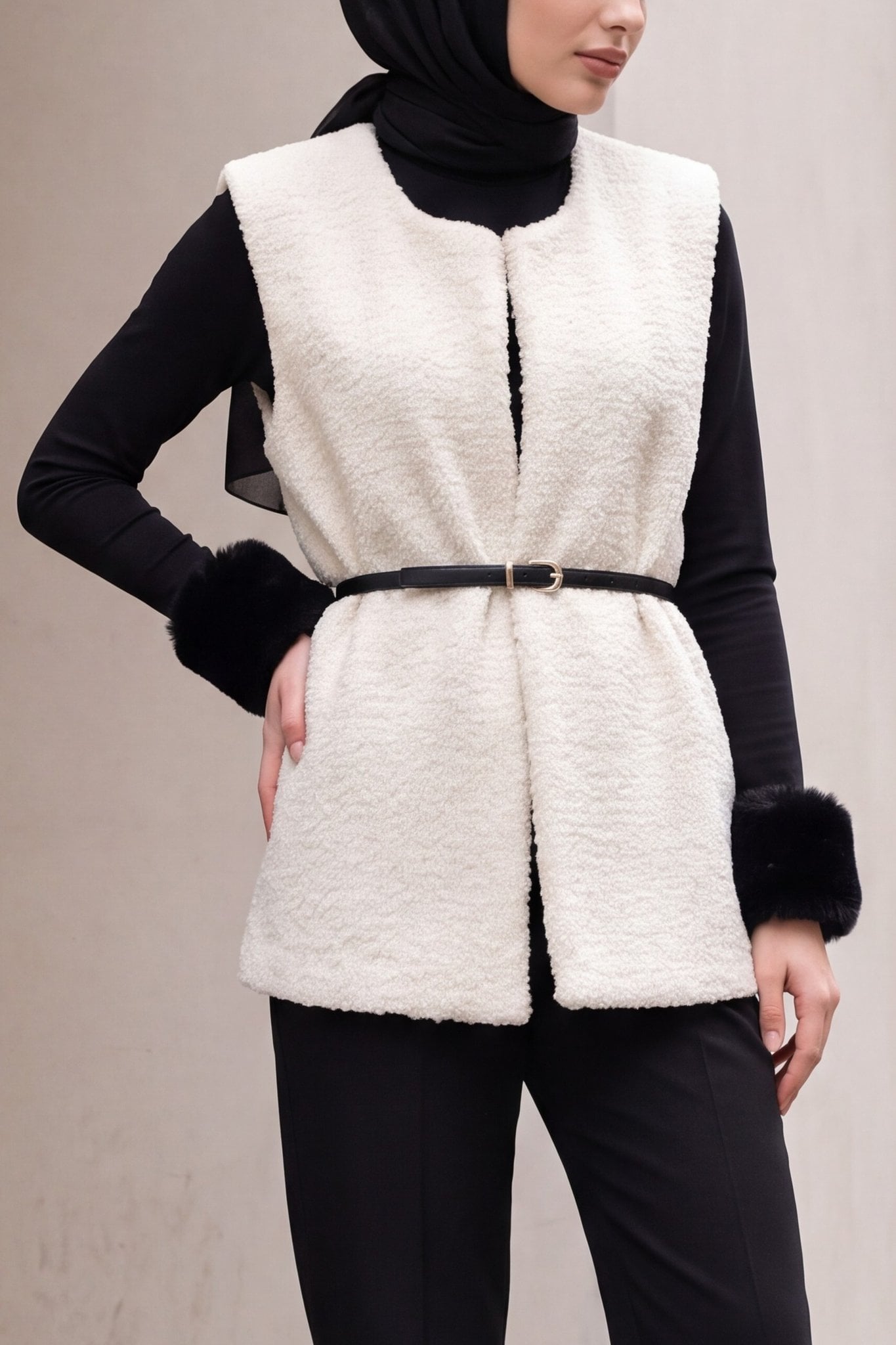 Belted Plush Vest with Faux Fur Trim - Ecru - Podyumplus - by Peralane