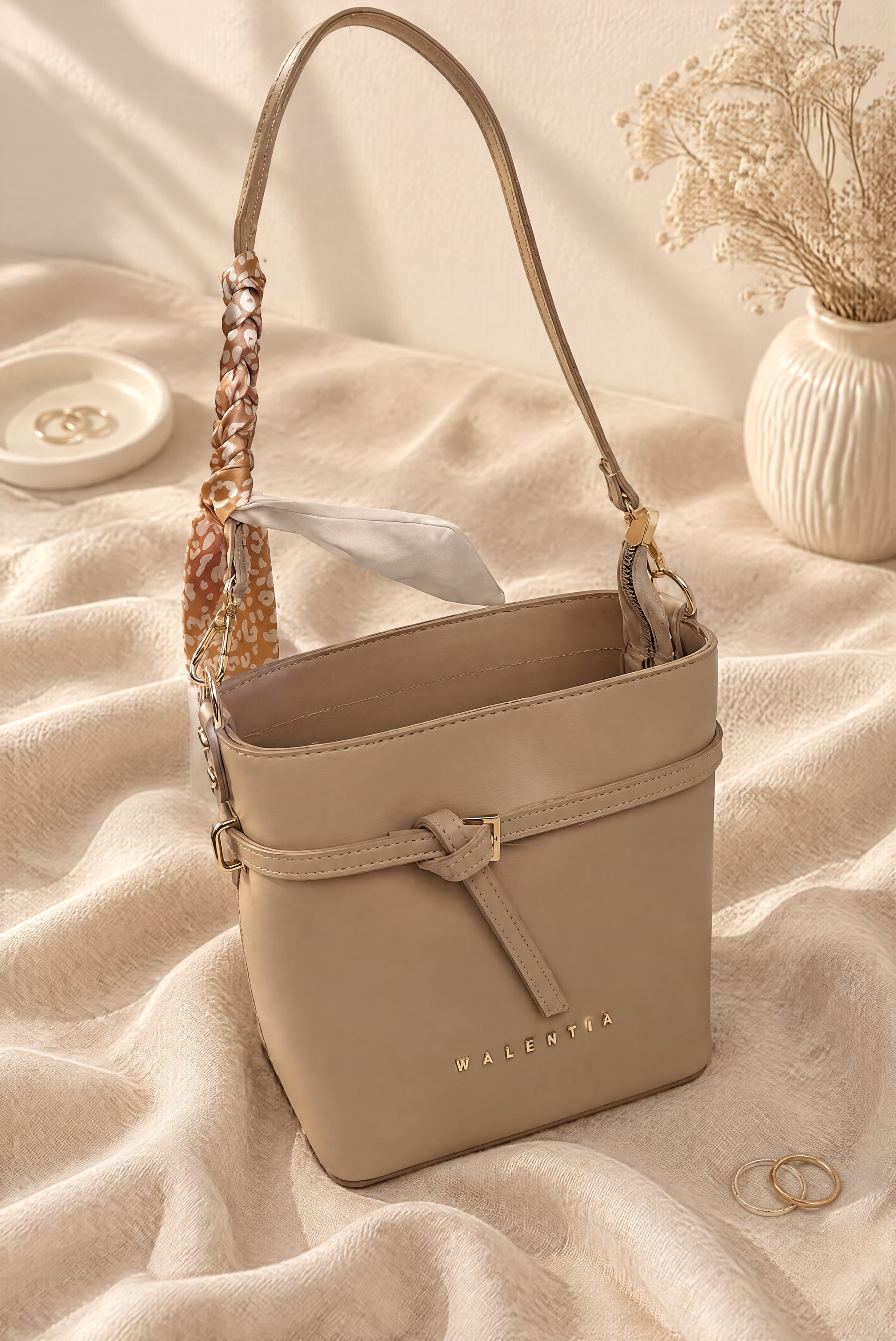 Braided Strap Bucket Bag with Scarf Detail - Light Beige - Podyumplus - by Peralane