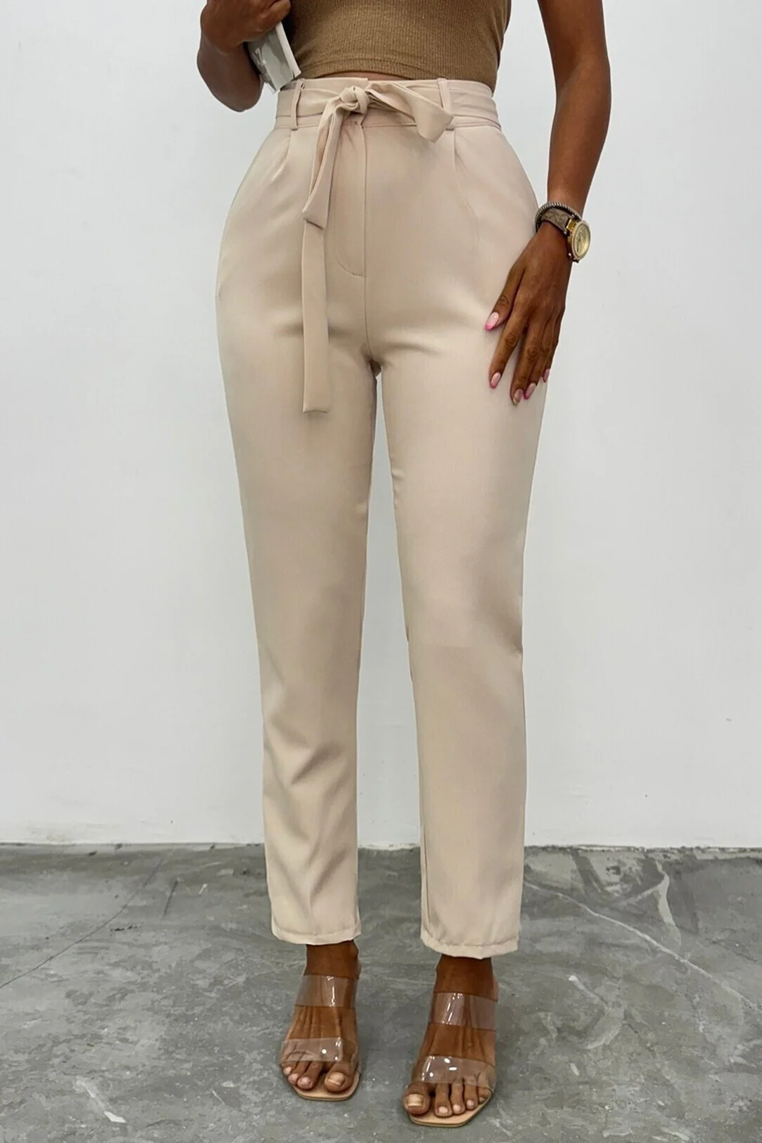 Beige High-Waist Trousers with Self-Tie Belt - Podyumplus - by Peralane - photo 6