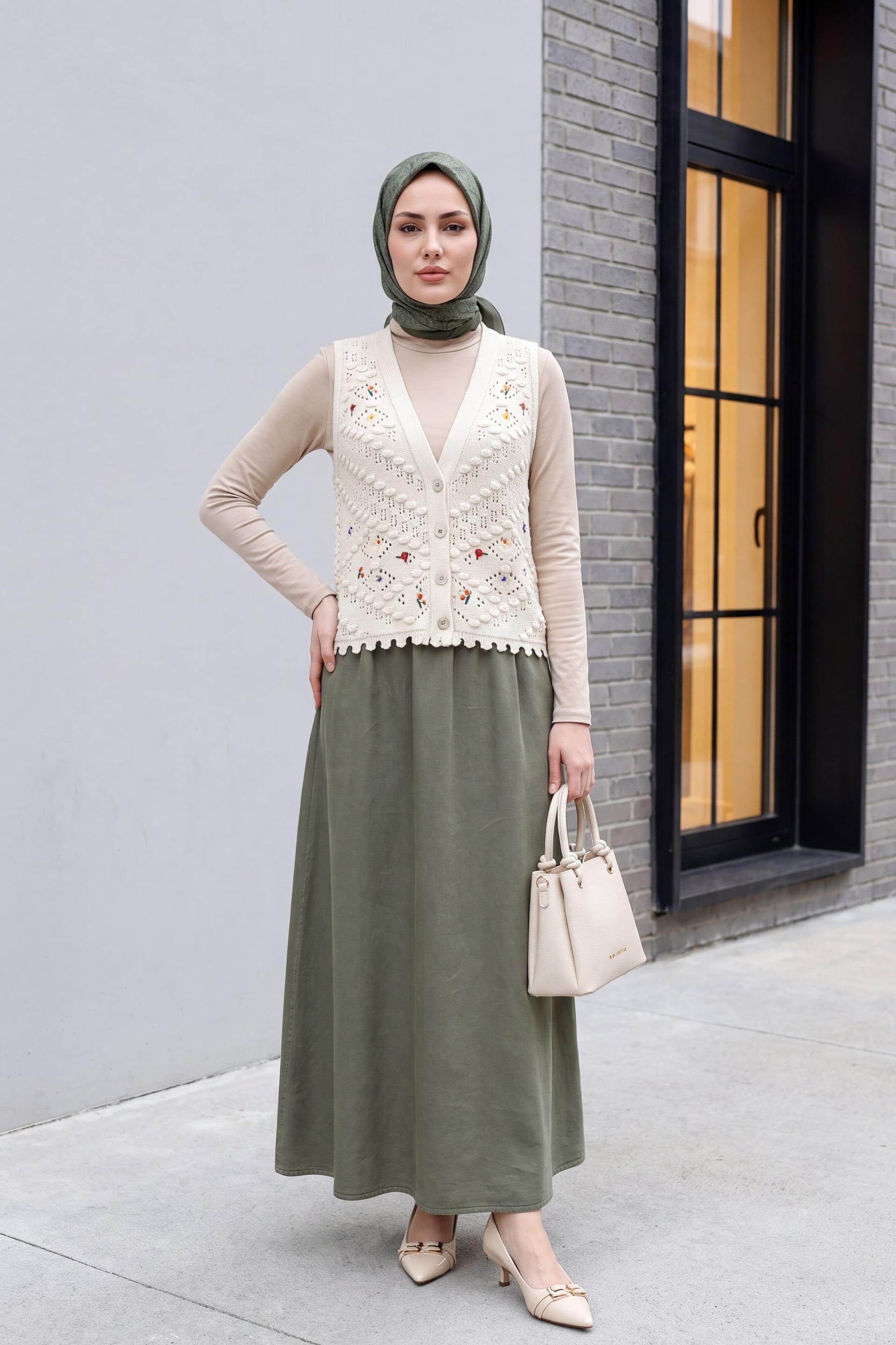 Cream Floral Embroidered Ajour Knit Vest with Pompoms - Podyumplus - by Peralane - photo 4
