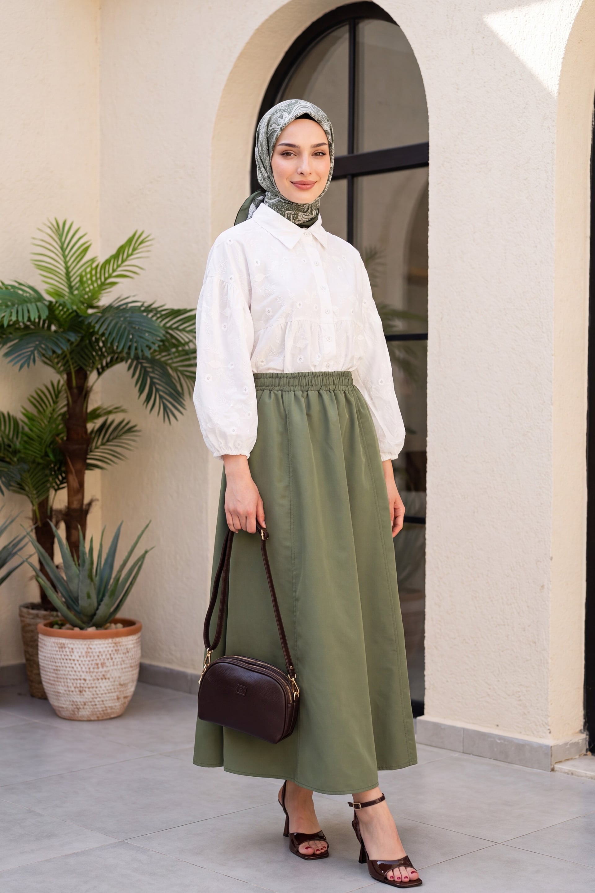 Elasticated Waist Parachute Skirt with Pockets - Olive Green - Podyumplus - by Peralane - photo 3