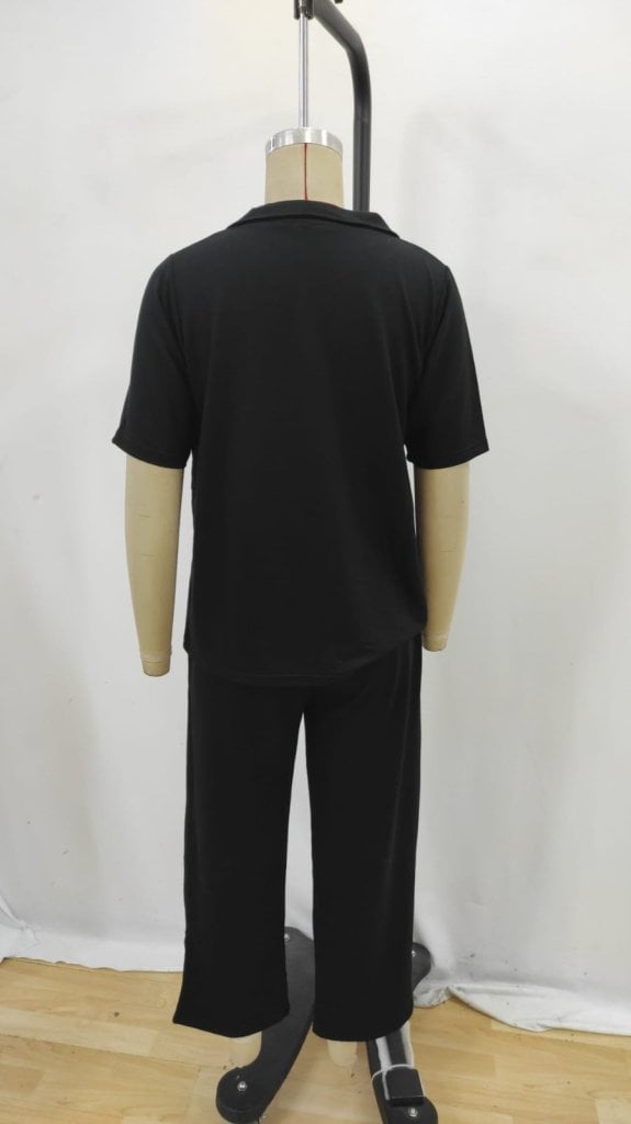 Women's Black V-Neck Short-Sleeve Blouse and Wide-Leg Trousers Two-Piece Set - Janes - by Peralane - photo 7