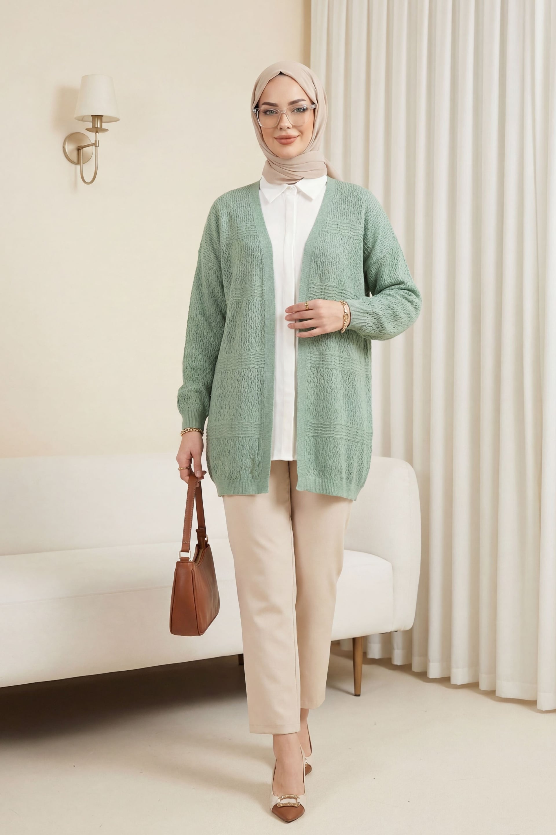 Mint Open Front Knit Cardigan with Eyelet Wave Pattern - Podyumplus - by Peralane - photo 2