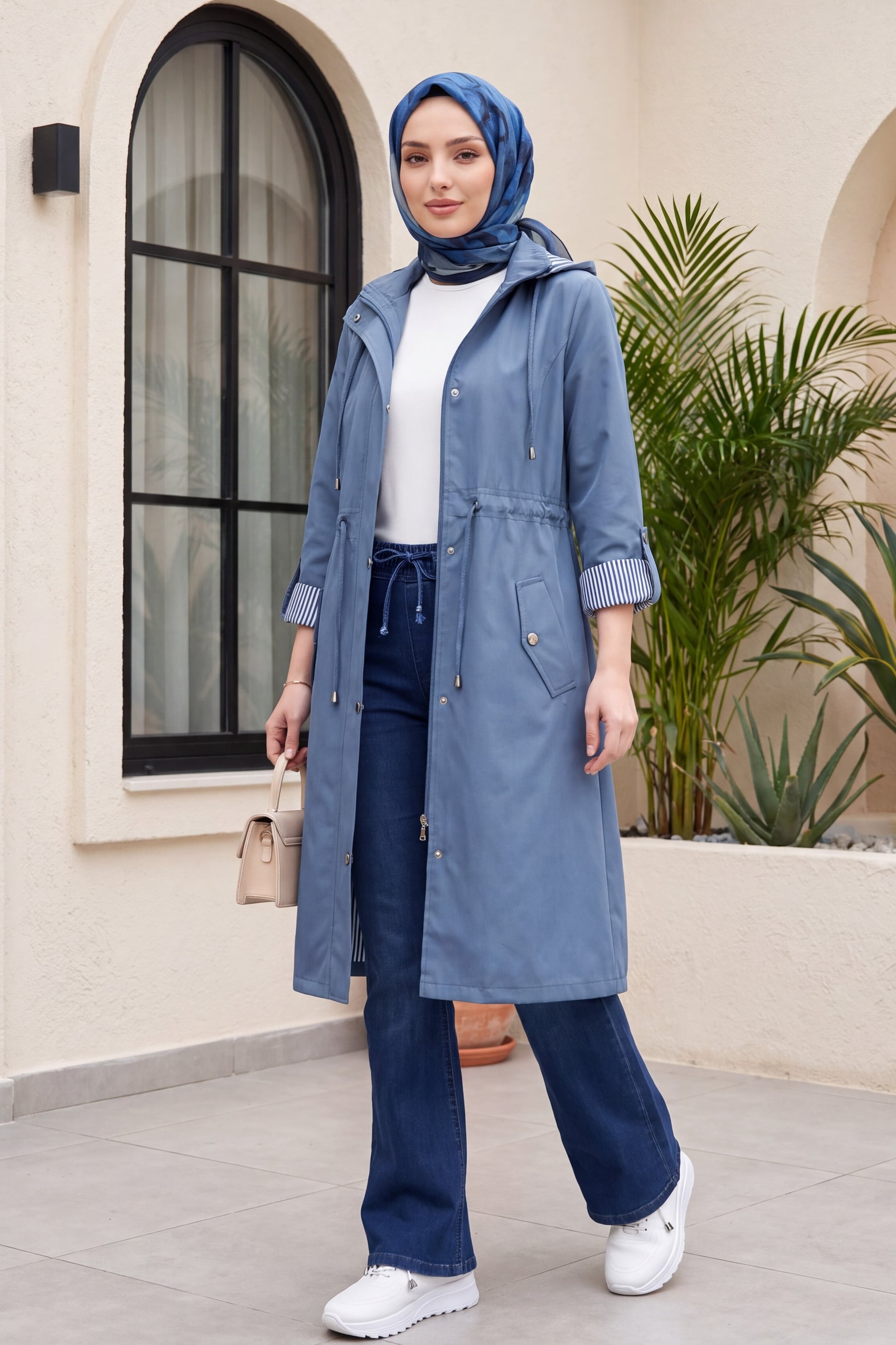Striped Lined Hooded Trench Coat in Indigo - Podyumplus - by Peralane - photo 3