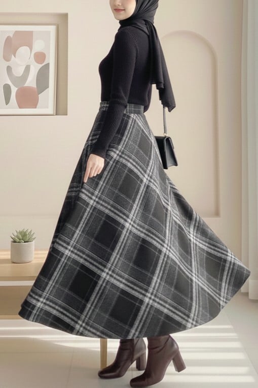 Black and White Plaid A-Line Midi Skirt with Side Zipper - Podyumplus - by Peralane - photo 2