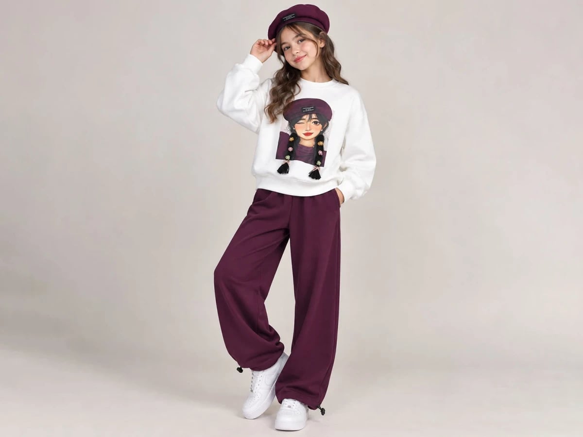 Girls' Printed Sweatshirt and Wide-Leg Trousers Set - Plum - ÖZ Bebe - by Peralane