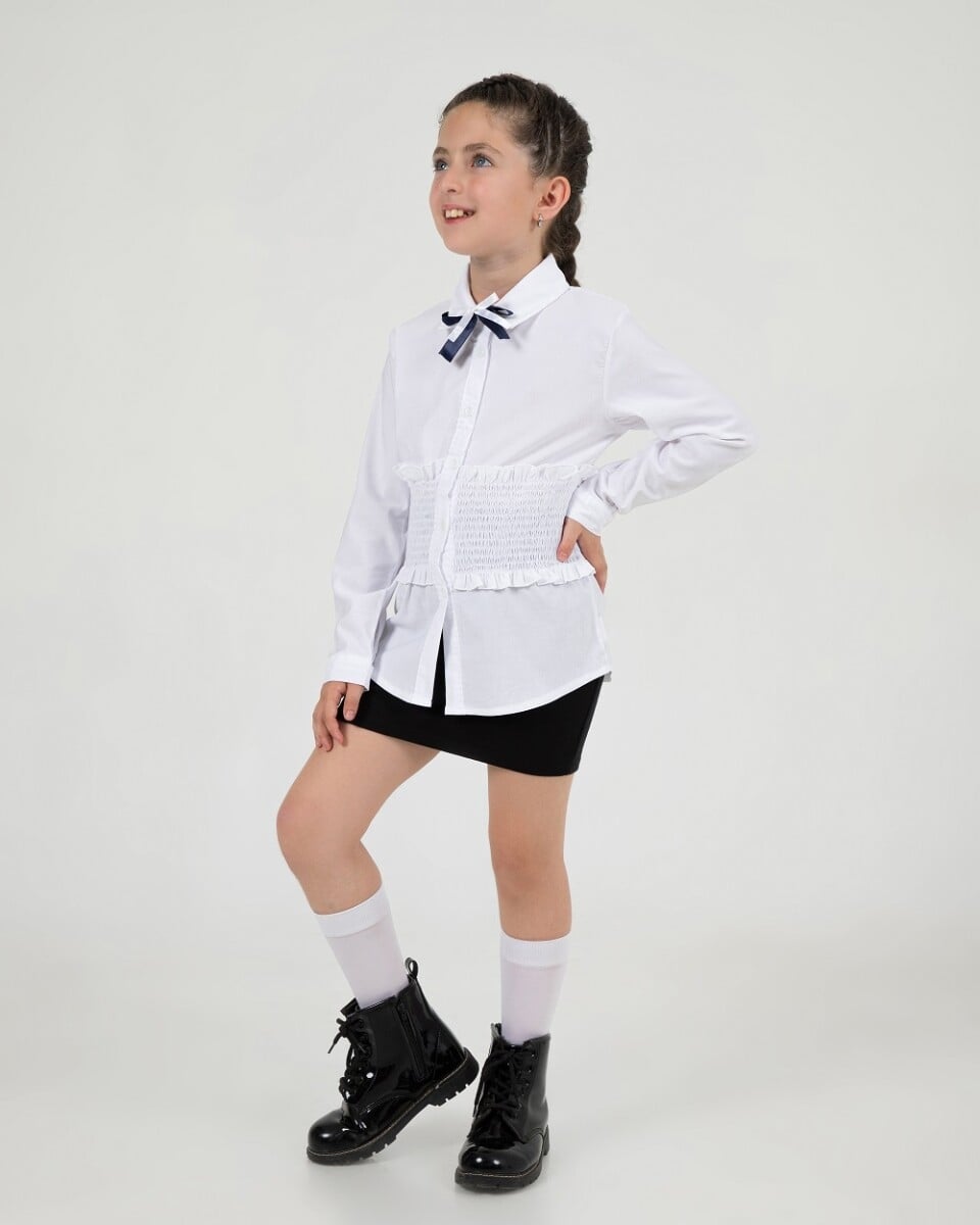 Girls' White Smocked Collar Blouse with Bow Tie (7-10 Years) - Busra Bebe - by Peralane