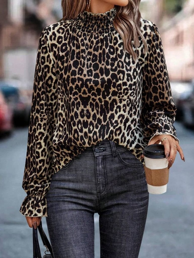 Women's Long Sleeve Leopard Print Smocked Mock Neck Suprem Blouse - Janes - by Peralane - photo 5