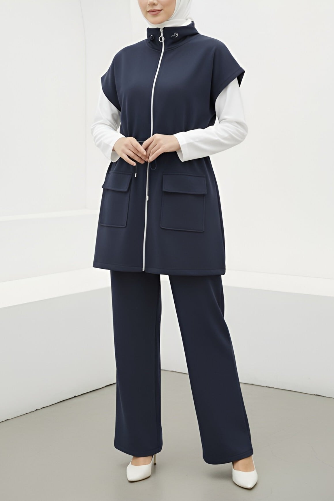 Women's Double Pocket Zip Detailing Short Sleeve Scuba Set - Dark Navy - Podyumplus - by Peralane - photo 3