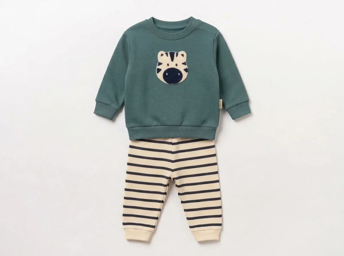 Zebra Appliqué Brushed Cotton Boys' Set - Teal & Cream Striped - Vovido - by Peralane