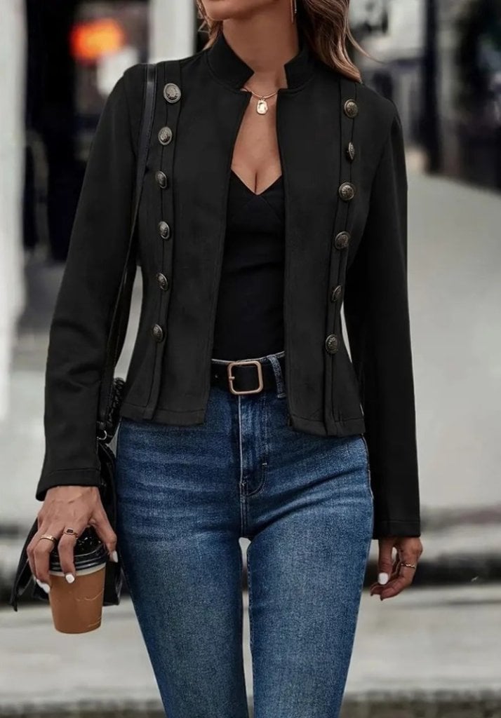 Women's Short Suede Jacket with Collar and Side Buttons - Janes - by Peralane