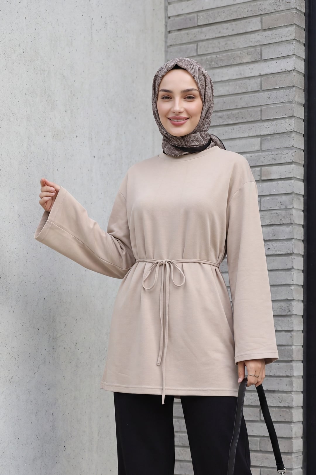 Round Neck Drawstring Waist Knit Tunic - Light Beige - Podyumplus - by Peralane - photo 4
