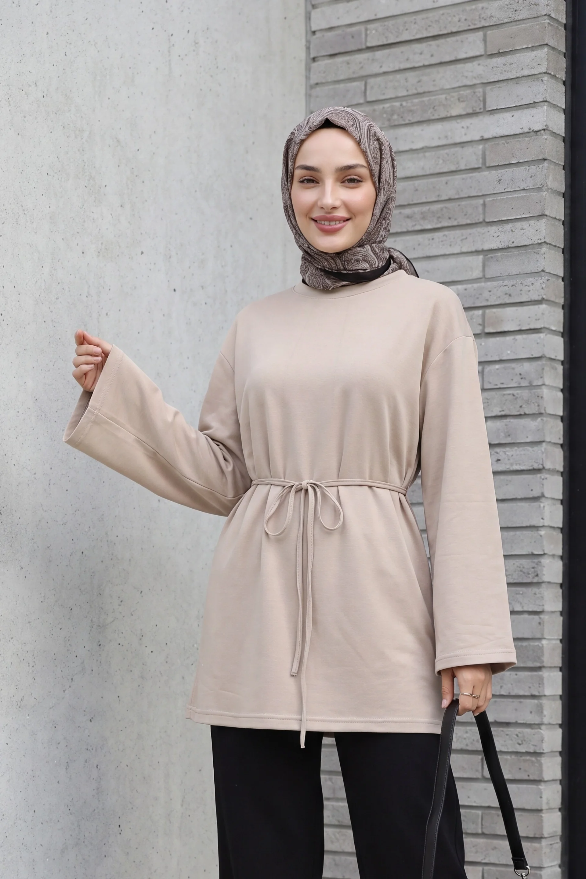 Round Neck Drawstring Waist Knit Tunic - Light Beige - Podyumplus - by Peralane - photo 4
