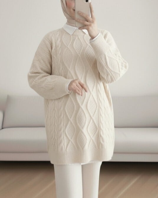 Ecru Cable Knit Long Tunic Sweatshirt for Women - Podyumplus - by Peralane - photo 3