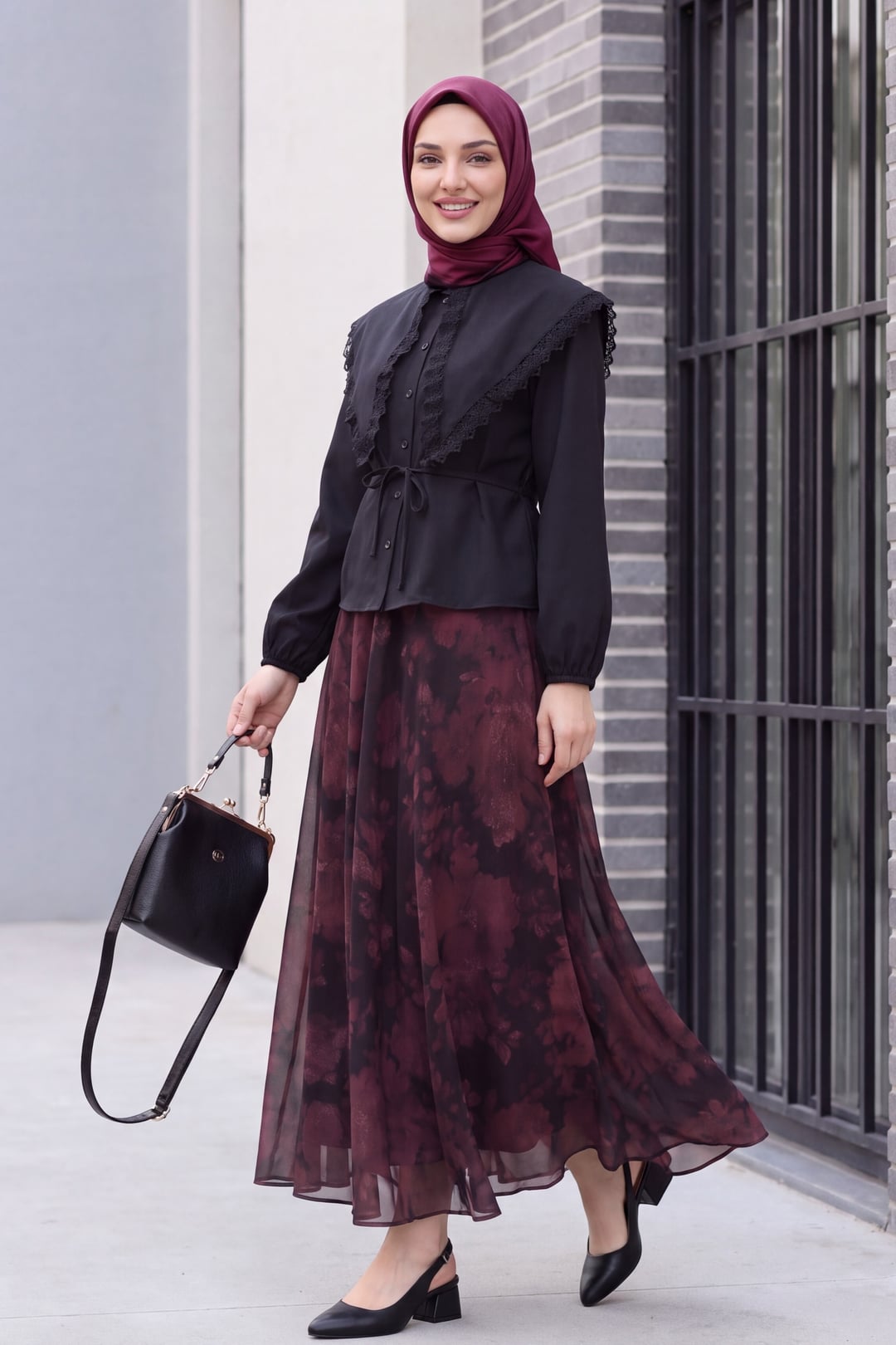 Side-Zip Patterned Lined Chiffon Skirt - Dark Burgundy - Podyumplus - by Peralane - photo 5