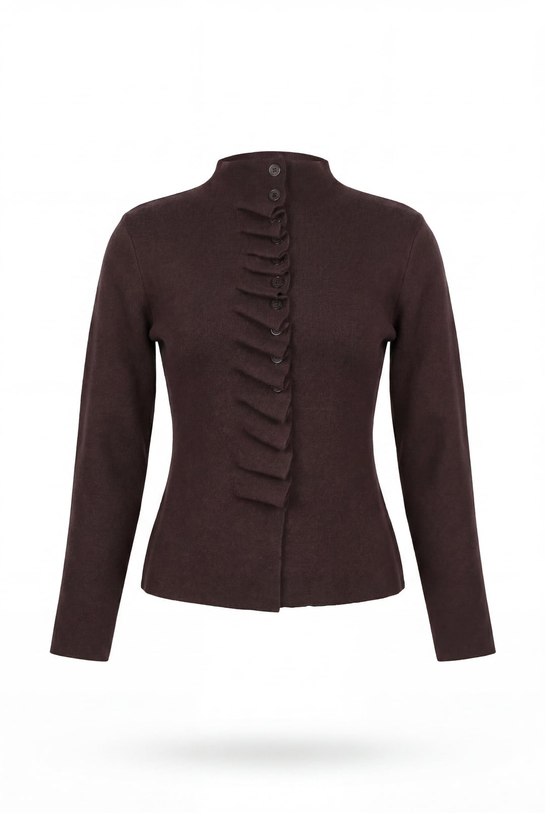 Front Ruffled Button High Neck Knit Cardigan - Dark Brown - Podyumplus - by Peralane - photo 4