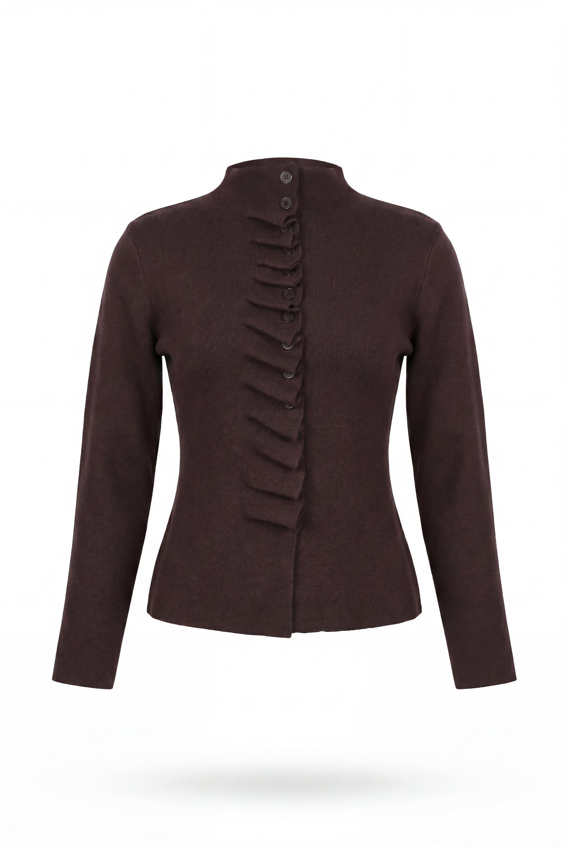 Front Ruffled Button High Neck Knit Cardigan - Dark Brown - Podyumplus - by Peralane - photo 4