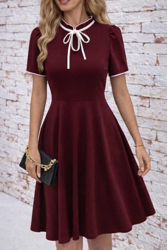 Women's Short-Sleeve Mock Neck Bow Tie Flared Midi Dress in Deep Red - Janes - by Peralane