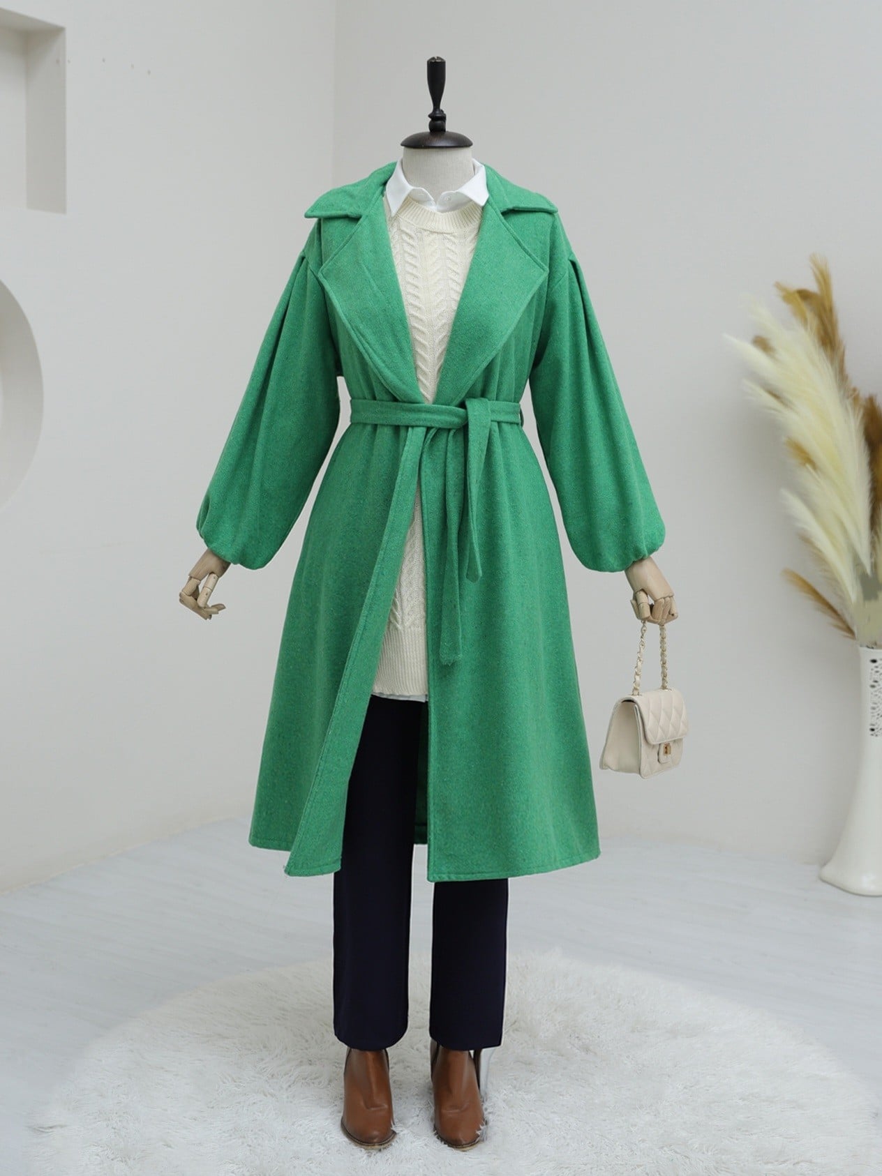 Women's Green Coated Fabric Coat with Shawl Collar and Belt - Podyumplus - by Peralane - photo 3