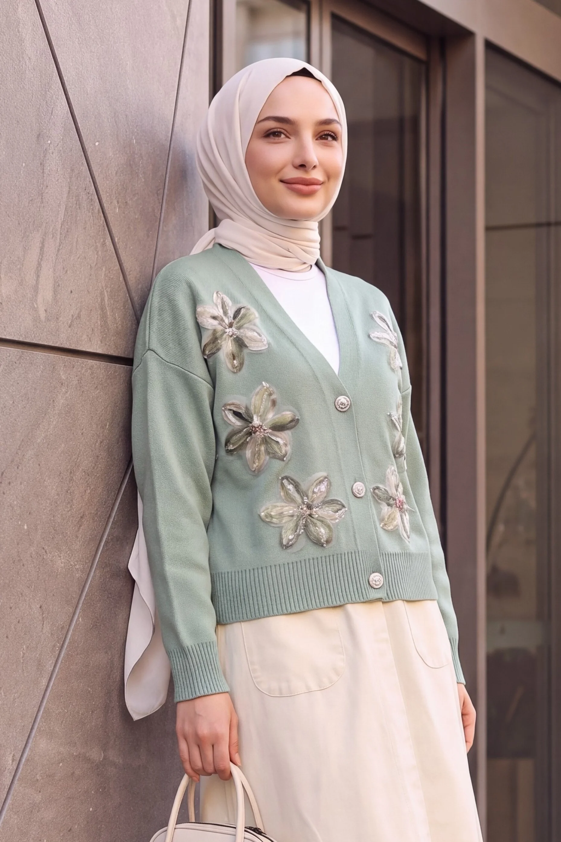 Sequin and Floral Embellished Buttoned Knit Cardigan in Sea Green - Podyumplus - by Peralane - photo 2