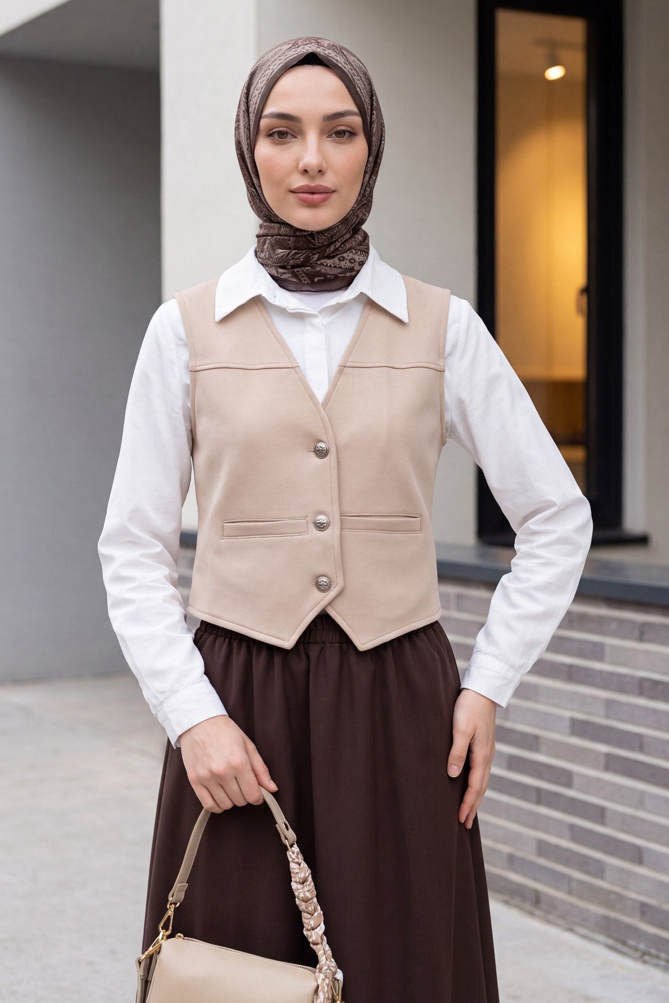 Pocket Detail Buttoned Scuba Vest - Beige - Podyumplus - by Peralane - photo 6