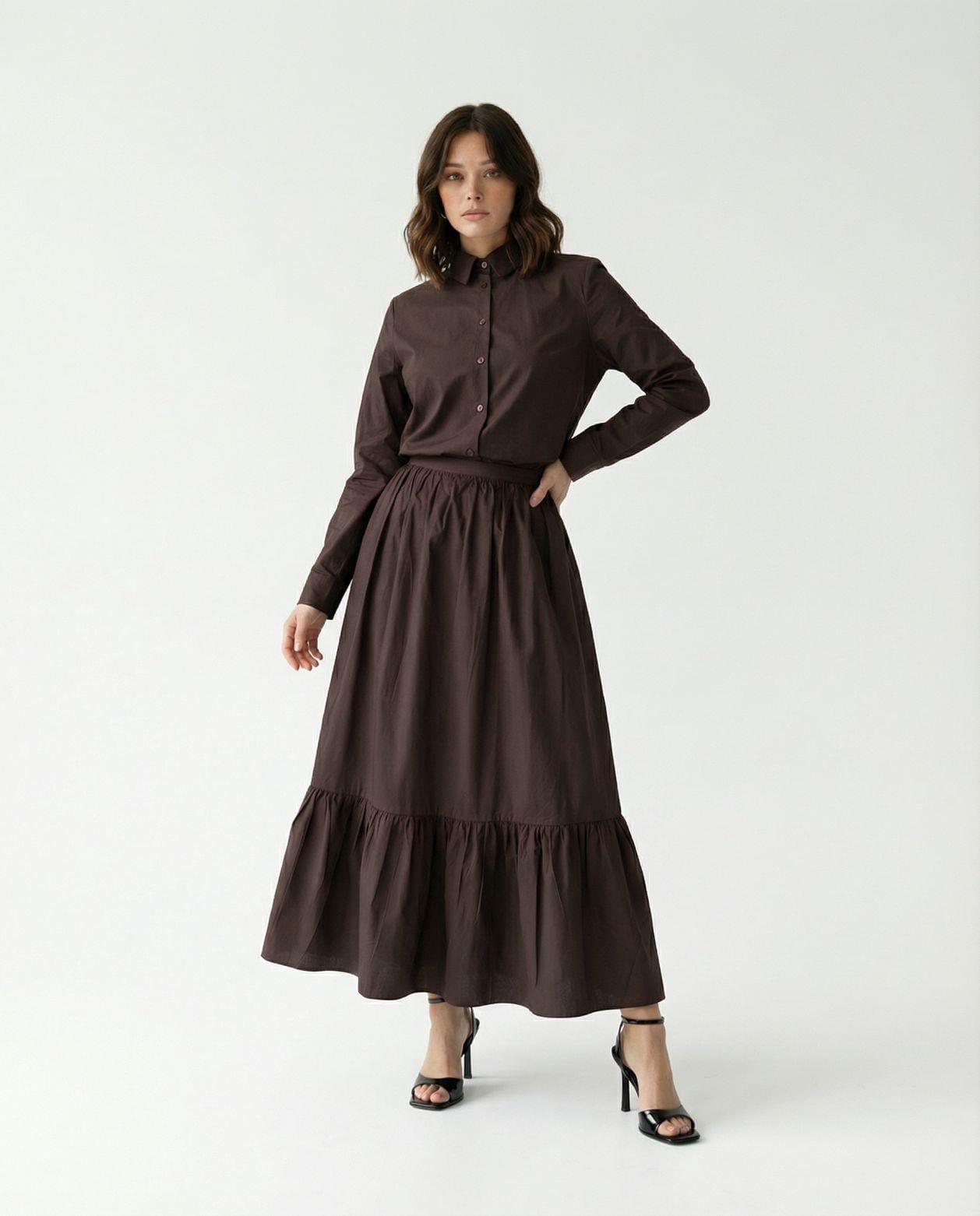 Women's Dark Brown Cotton Shirt Dress - Fame - by Peralane