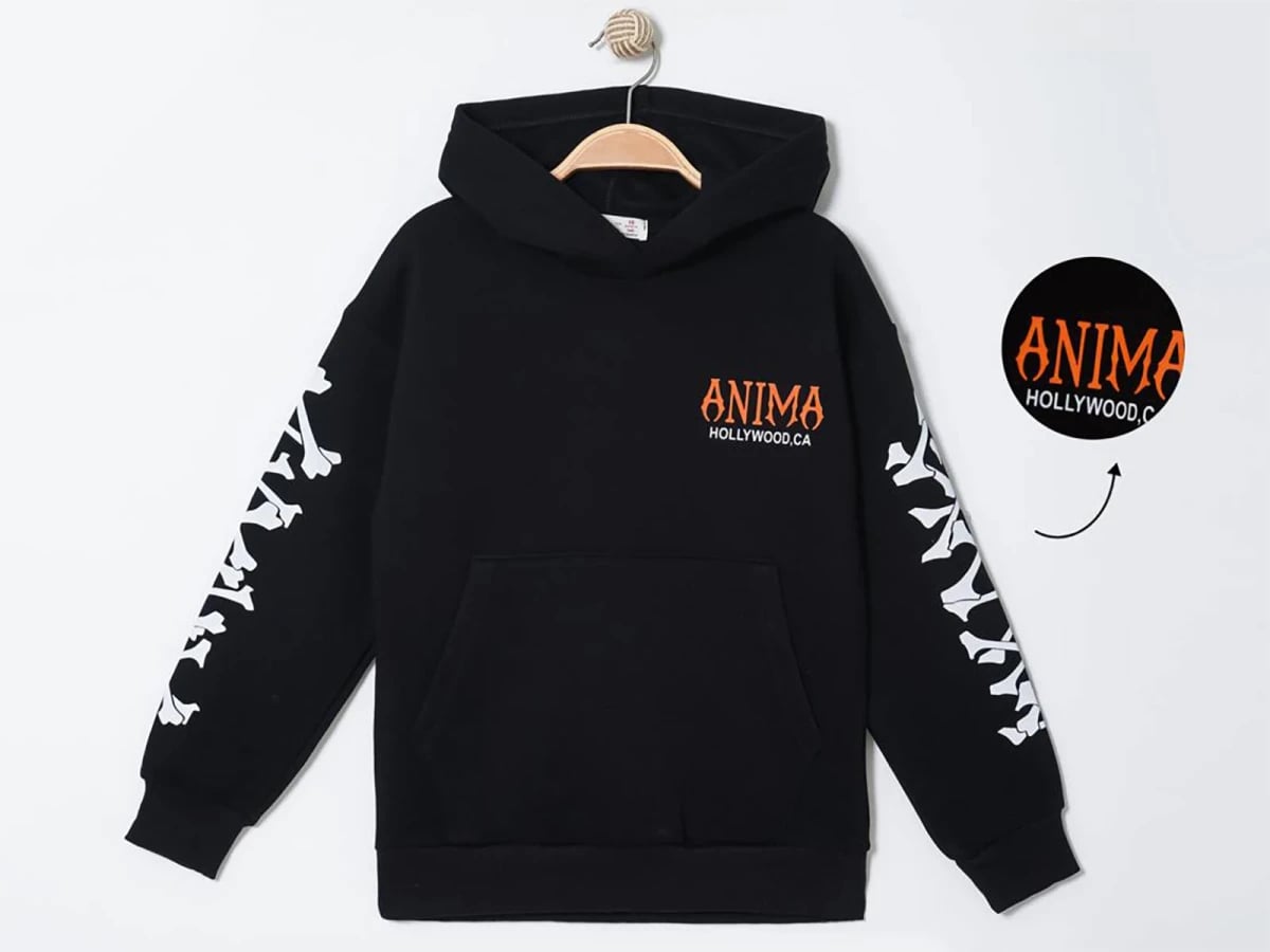 Black Kangaroo Pocket Hoodie with Bone Print Details for Boys - Ruhat Kids - by Peralane