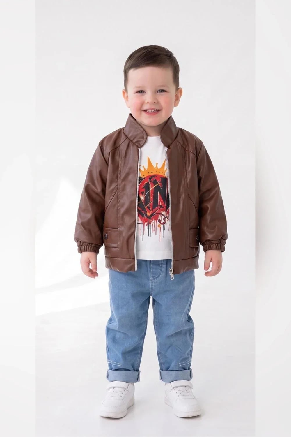 Boys' 4-Piece Faux Leather Jacket and T-Shirt Set - Brown - Has Bereket - by Peralane