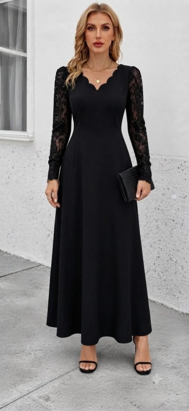 Women's Long Sleeve Scalloped V-Neck Lace Crepe Dress - Janes - by Peralane - photo 2