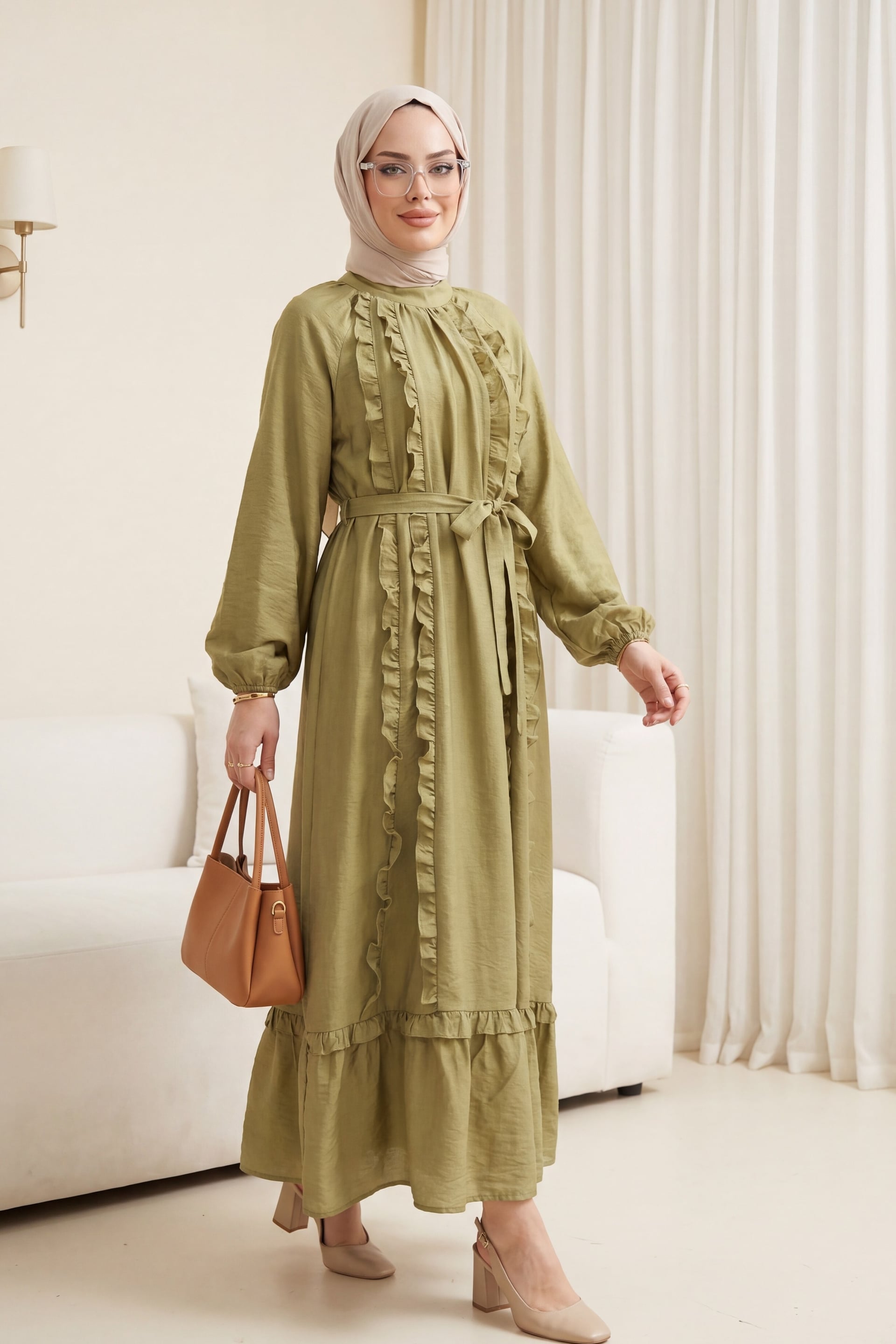 Olive Green Ruffle Front Belted Long Sleeve Dress - Podyumplus - by Peralane