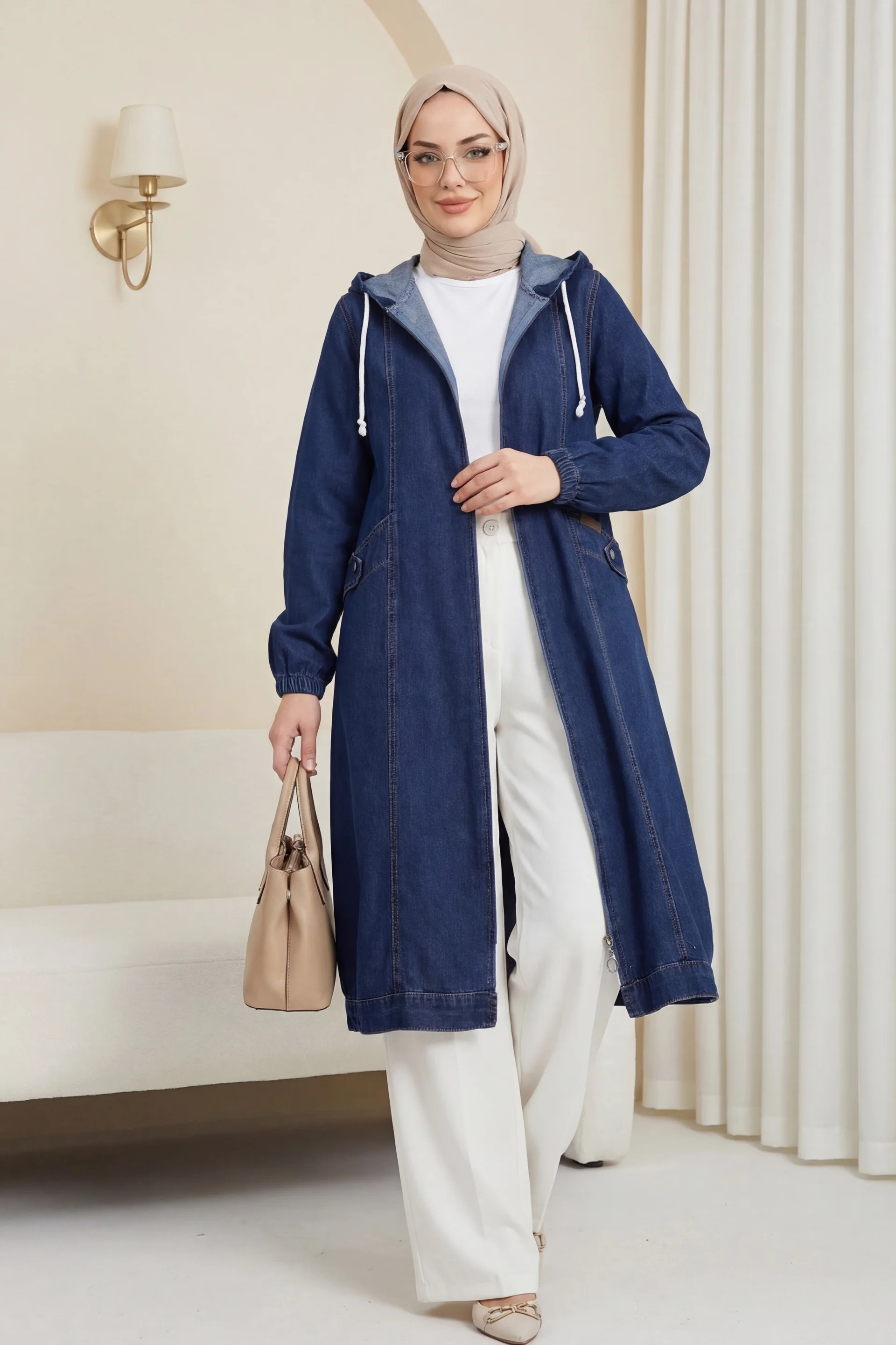 Hooded Zip-Up Denim Jacket with Pockets and Elastic Cuffs - Navy - Podyumplus - by Peralane - photo 2