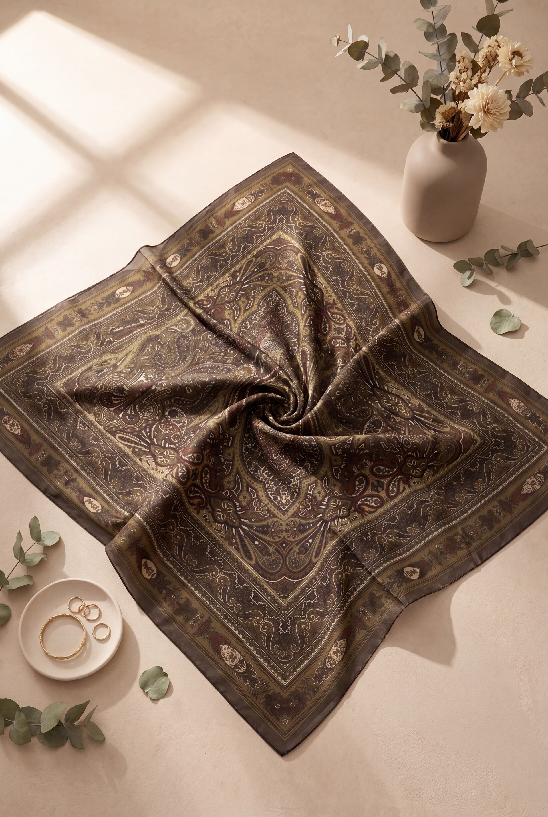 Framed Ethnic Pattern Cotton Scarf - Khaki - Podyumplus - by Peralane