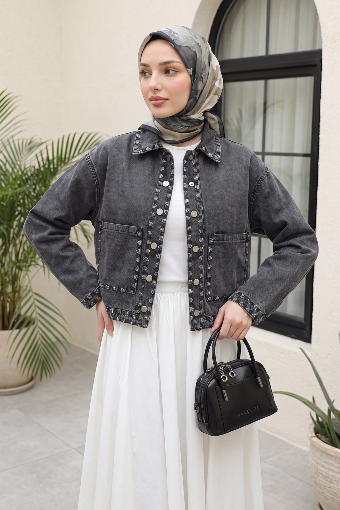 Smoke Grey Studded Denim Jacket - Podyumplus - by Peralane