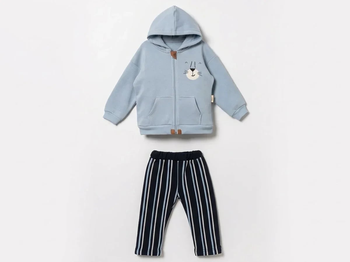 Boys' Hooded Lion Print Tracksuit Set with Striped Trousers - Vovido - by Peralane